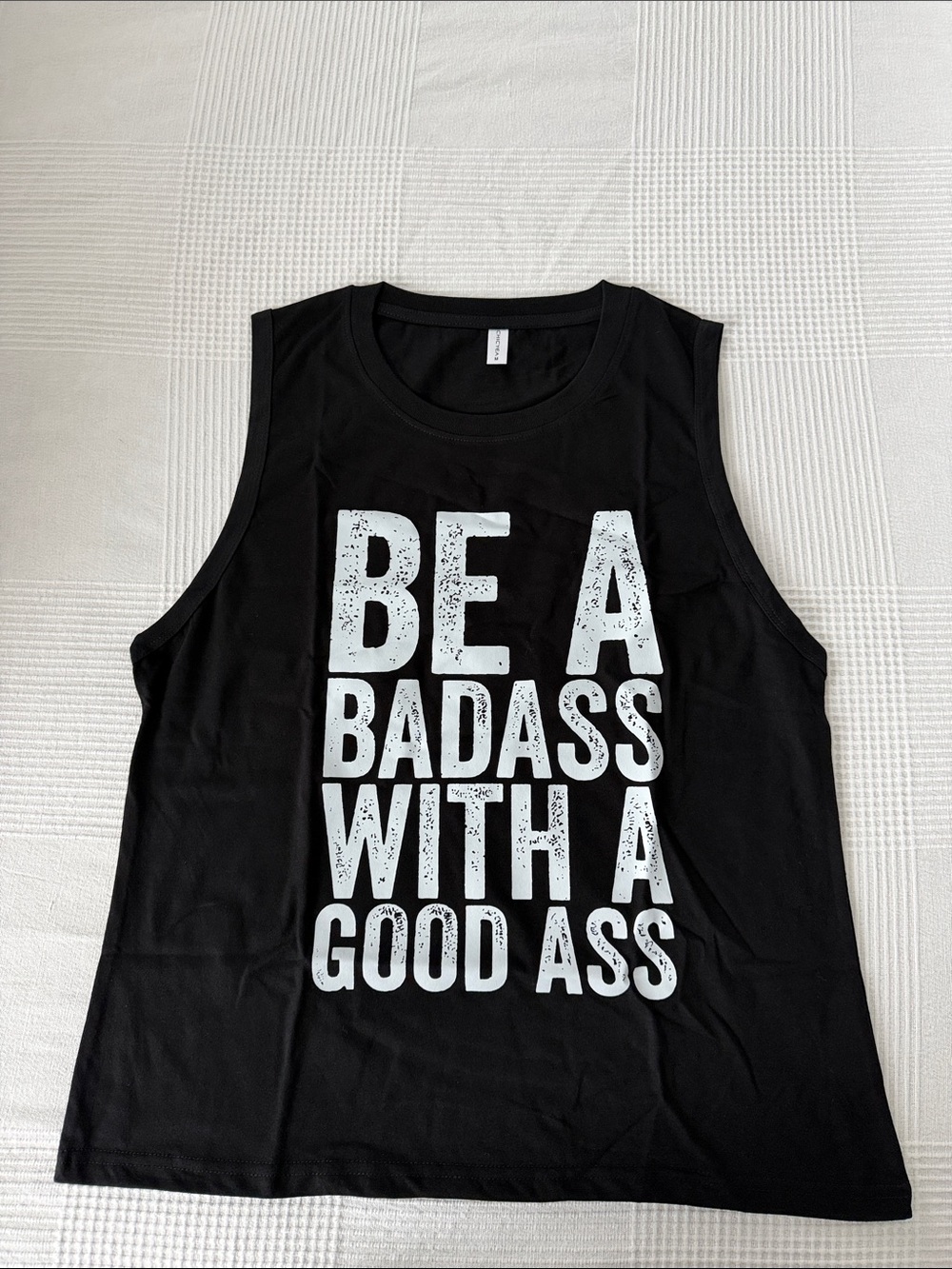 Black Graphic Muscle Tank Top with Bold White Slogan